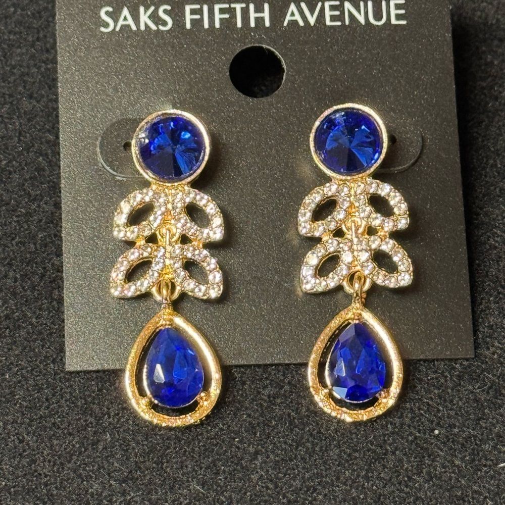 NWT Saks Fifth Avenue Gold Tone Royal Blue Crystal Triple Drop Earrings 1.75"